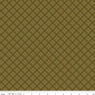 Bountiful by Sandy Gervais for RBD C17863-GREEN PLAID GREEN Fabric Yardage from 56-Riley Blake is a green plaid quilting cotton fabric featuring thin black intersecting lines, shown with a ruler at the bottom measuring up to 12 inches. This premium cotton fabric is available by the yard and is perfect for your next sewing or craft project.
