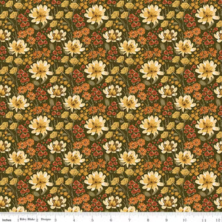 Introducing Bountiful by Sandy Gervais for RBD C17861-SHRUBS FLORAL SHRUBS Fabric Yardage by 56-Riley Blake—a premium cotton fabric sold by the yard, featuring clusters of yellow, orange, and white flowers with green leaves on a rich dark background. Displayed with a ruler at the bottom for scale, this vibrant floral print is ideal for quilting or bringing cheerful color to any sewing project.