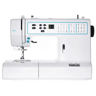 A white and blue Smarter By Pfaff 260c sewing machine on a white background.