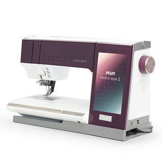 A Pfaff Creative Icon 2 - Purple Aurora sewing machine is shown on a white background.