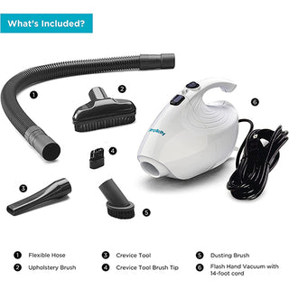 A Simplicity FLASH Micro Vacuum cleaner with a hose and accessories.