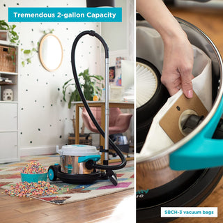 A woman is using a Simplicity BRIO Canister vacuum cleaner to clean the floor she bought online.