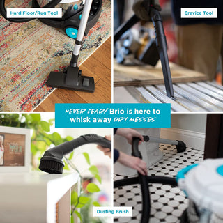 A series of online pictures demonstrating how to use and buy the Simplicity BRIO Canister vacuum cleaner.