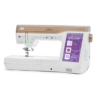 A Baby Lock Altair Sewing & Embroidery Machine with a purple and white design.
