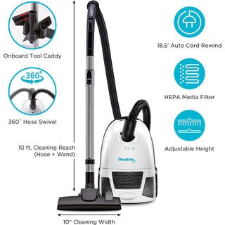 A Jill Canister Vacuum Cleaner by Simplicity, with all of its features.