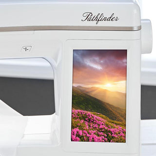 A Baby Lock Pathfinder Embroidery Machine with a picture of flowers on it.