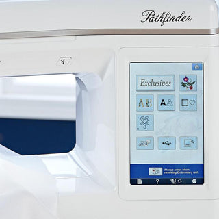 A white Baby Lock Pathfinder Embroidery Machine with a screen on it.