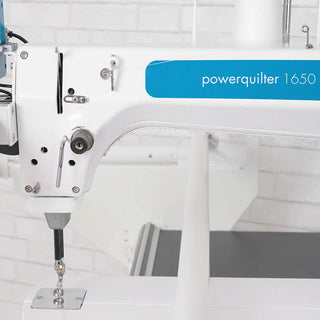 A sewing machine with the PFAFF Powerquilter 1650 Stand Up Quilter with 5' Frame on it.