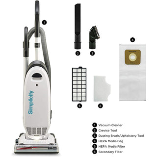A Simplicity S20EZM Allergy Bagged Upright vacuum cleaner with all of its parts and accessories.