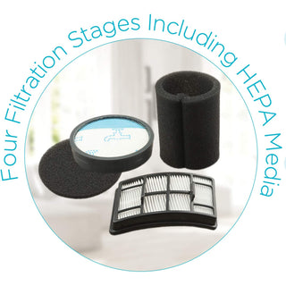 Four filtration stages including hepa media in the Simplicity S60 Spiffy Broom Vacuum.