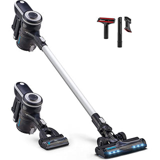 Two Simplicity S65D Deluxe Cordless Stick Vacuums with different attachments.