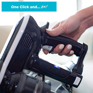 A person is holding a Simplicity S65D Deluxe Cordless Stick Vacuum with the text one click and go.