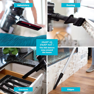 A series of pictures showing how to use the Simplicity S65D Deluxe Cordless Stick Vacuum.