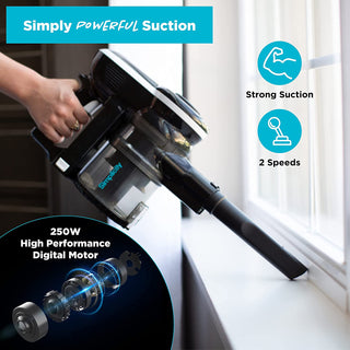 A woman is using a Simplicity S65D Deluxe Cordless Stick Vacuum from the brand Simplicity with the words simply poweraction.