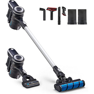 Two Simplicity S65P Premium Cordless Stick Vacuums with different attachments.