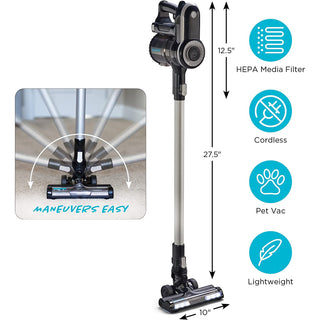 The SIMPLICITY S65S STANDARD CORDLESS STICK VACUUM by Simplicity is shown with its features.