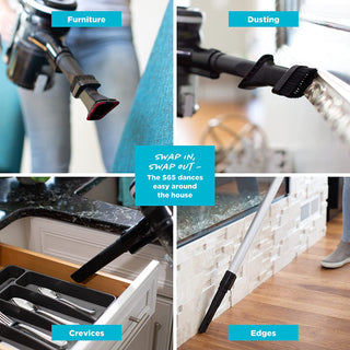 A series of pictures showing how to use a Simplicity S65S Standard Cordless Stick Vacuum.