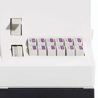 A white PFAFF Select 4.2 machine with purple buttons on it.