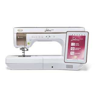 A Baby Lock Solaris Vision Sewing and Embroidery Machine with a tablet on it.