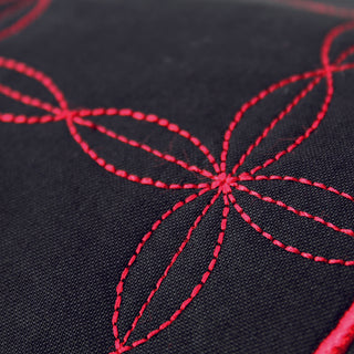 A close up of a Pfaff Creative 3.0 Sewing and Embroidery Machine stitched design on a black fabric.