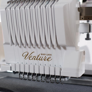 A Baby Lock Venture machine with embroidery designs.