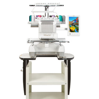 A Baby Lock Venture with Table, a 10-needle embroidery machine with a table on top of it.