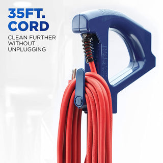 An Oreck blue and red cord with the words 3 ft cord clean further without unplugging.