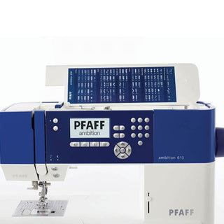 A blue and white PFAFF Ambition 610 Sewing and Quilting Machine on a white background.