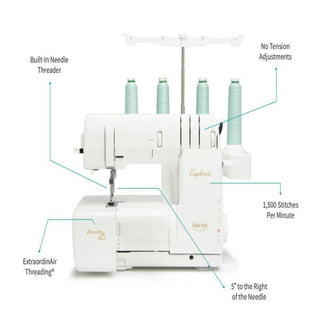 The features of the Baby Lock Euphoria Coverstitch Serger sewing machine are shown.