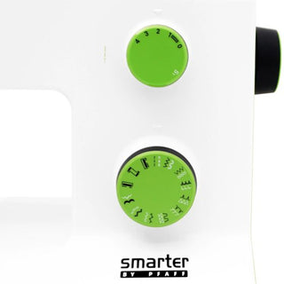 A white Smarter by Pfaff 140s sewing machine with green buttons.