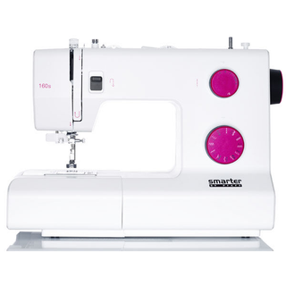 A white and pink Smarter by Pfaff 160s sewing machine on a white background.