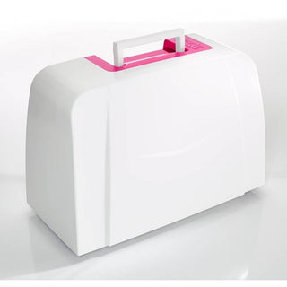 A white and pink Smarter by Pfaff 160s suitcase on a white surface.