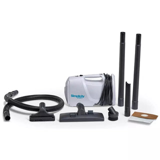 A Simplicity S100 Sport Portable Canister Vacuum with a hose and accessories.