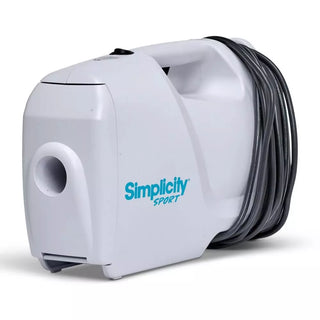 A white Simplicity S100 Sport Portable Canister Vacuum with a cord attached to it.